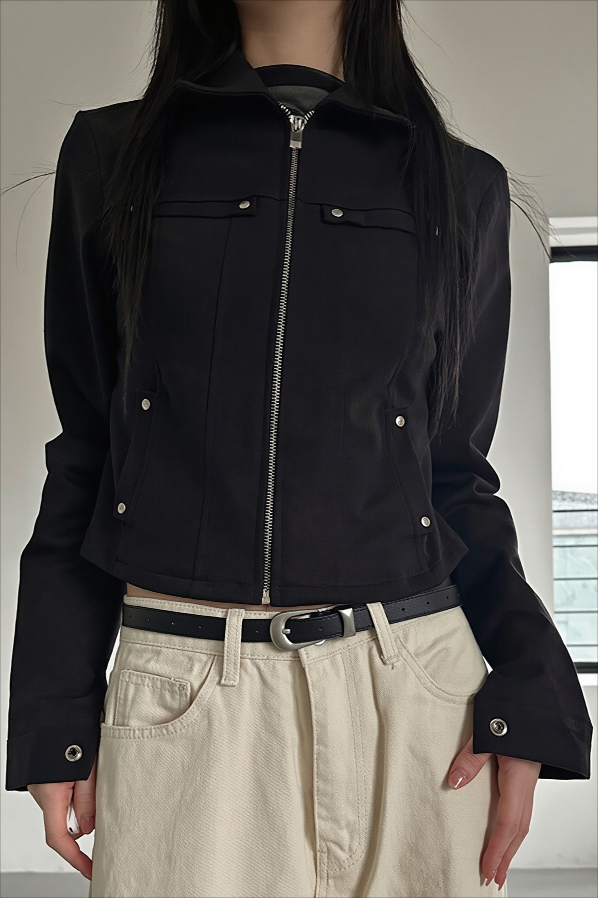 Studded Pocket Fitted Collared Zip Jacket