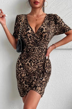 Leopard Print V Neck Bodycon Elegant Cocktail Dress