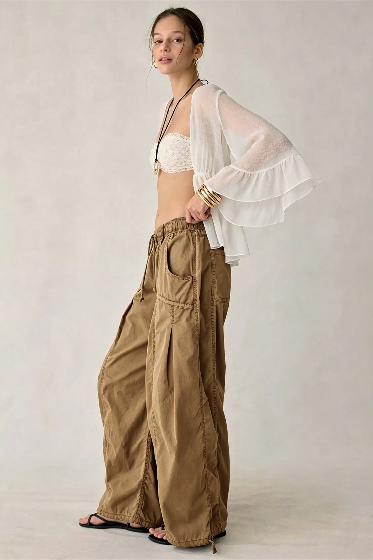 Drawstring Cargo Wide Leg Pants