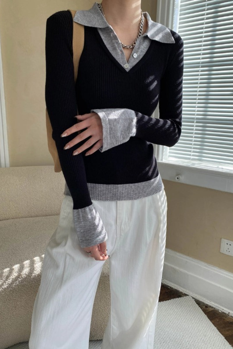 Color Block Faux Two Piece Polo Collar Slim Knit Blouse Main image