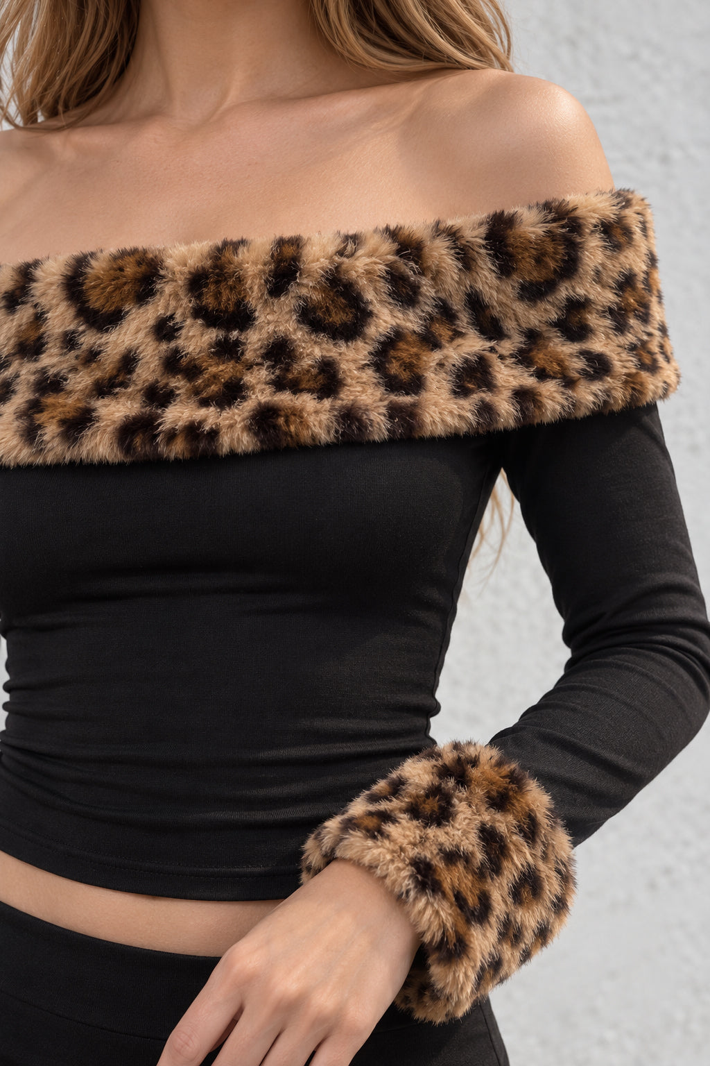 Leopard Print Fleece Off-the-shoulder Two Piece Set
