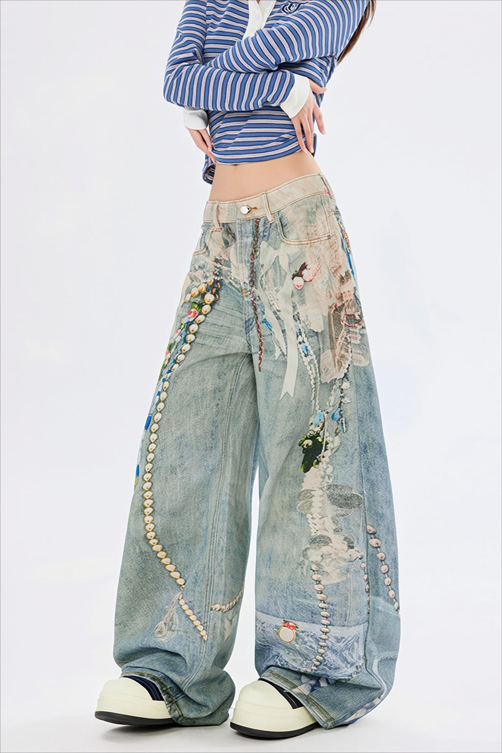 Chain Detail Splatter Print Wide Leg Jeans