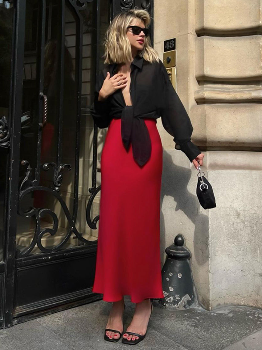 Fashion Satin Elegant Solid High Waist Office Lady Slim Long Skirt Main image