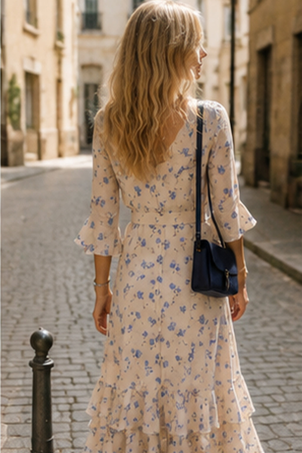 Asymmetric V Neck Flare Sleeve Floral Dress