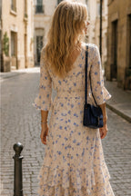 Asymmetric V Neck Flare Sleeve Floral Dress