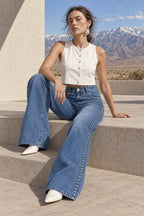 Washed Beaded High Waist Straight Leg Jeans