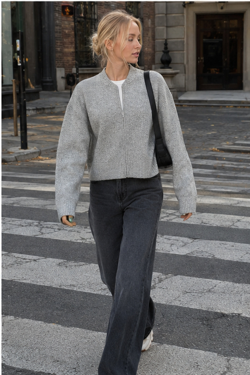 Casual Solid Color Zip-Up Loose Fit Knit Sweater Main image