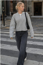Casual Solid Color Zip-Up Loose Fit Knit Sweater