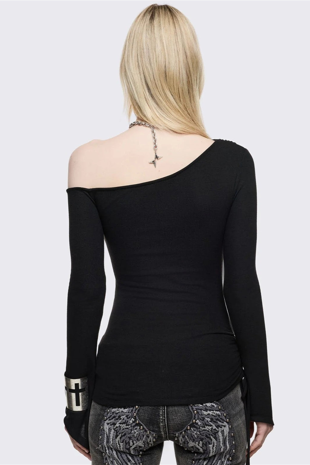 Rhinestone Cross One Shoulder Long Sleeve T-Shirt