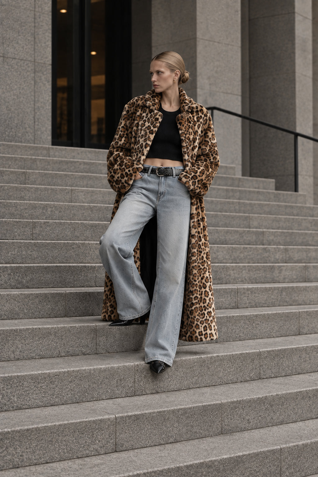Leopard Print Notched Collar Longline Faux Fur Overcoat