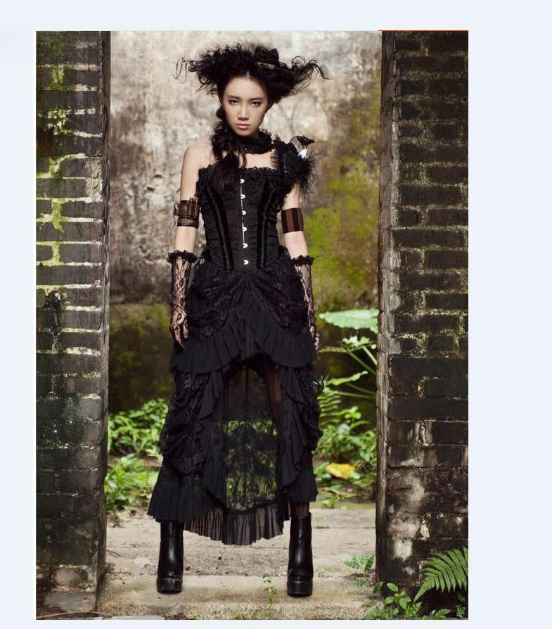 New Women Retro Victorian Lace Up SteamGothic Goth Long Ruffle Dress Skirt