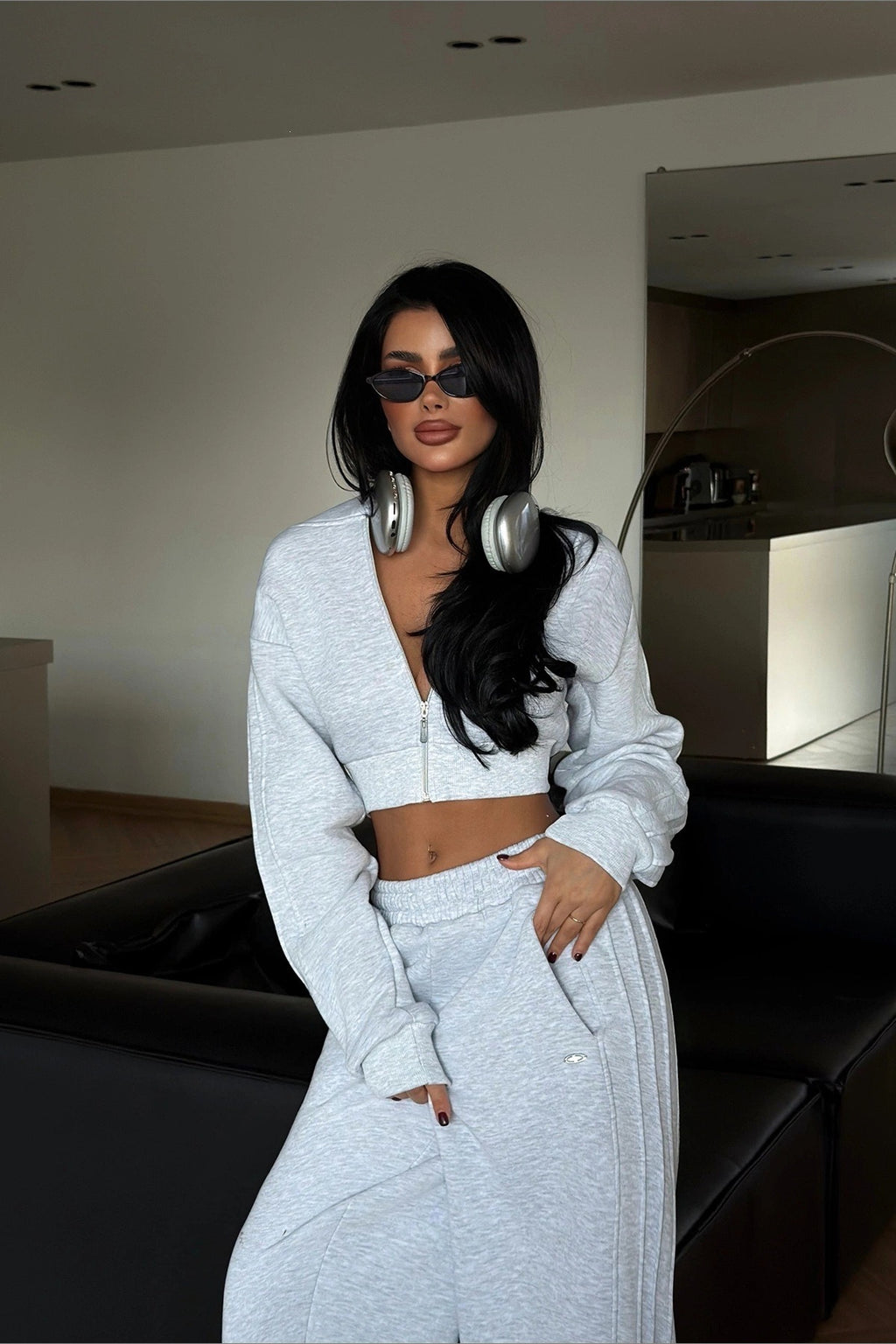Cropped Hoodie Wide Leg Sweatpants Two-Piece Set