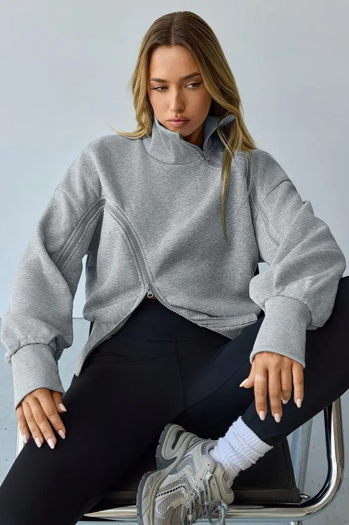 Cropped Stand Collar Zip Detail Sweatshirt