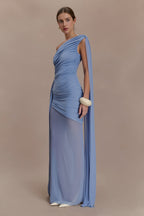 Elegant Mesh Paneled One Shoulder Cape Fitted Party Dress