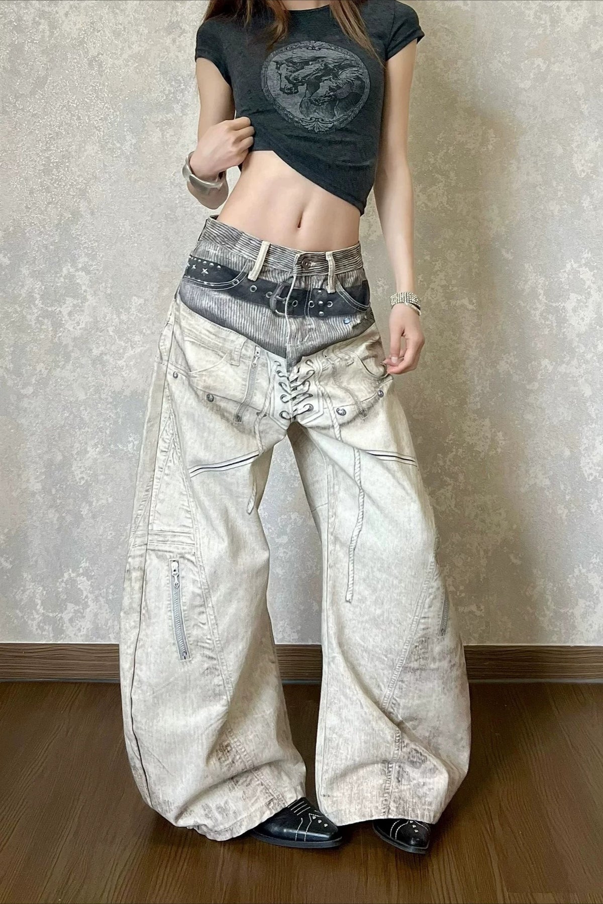 Digital Graphic Strap Wide Leg Jeans