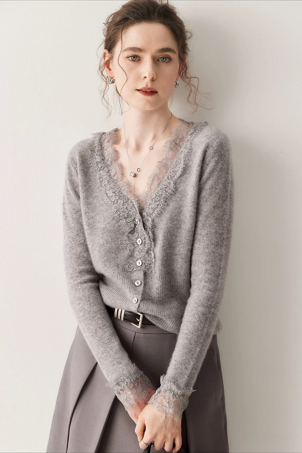 Lace Trim V Neck Cashmere Cardigan