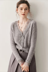 Lace Trim V Neck Cashmere Cardigan