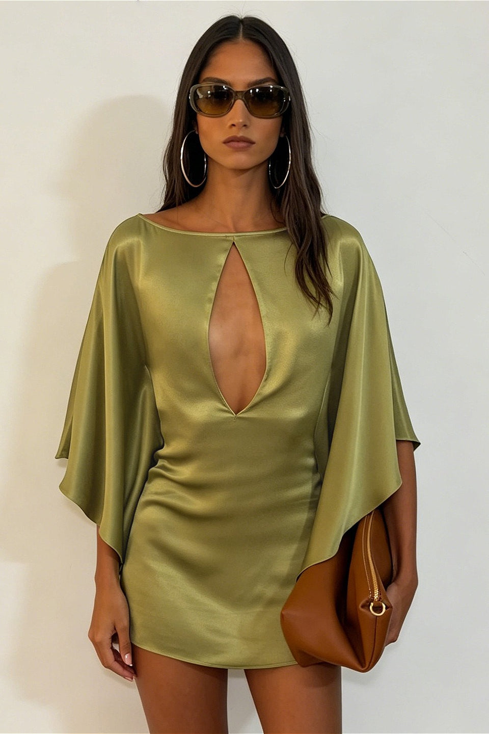 Satin Cutout Batwing Sleeve Bodycon Mini Dress