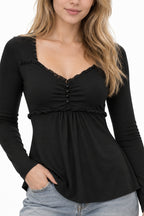 V-neck Ruched Solid Color Vintage Ruched Buttons T-Shirts