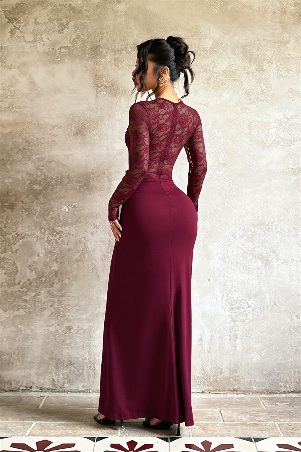 Sheer Lace Twist Front Cutout Maxi Dress