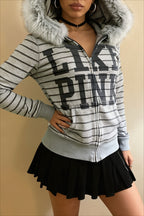 Striped Faux Fur Trim Slogan Zip Hoodie
