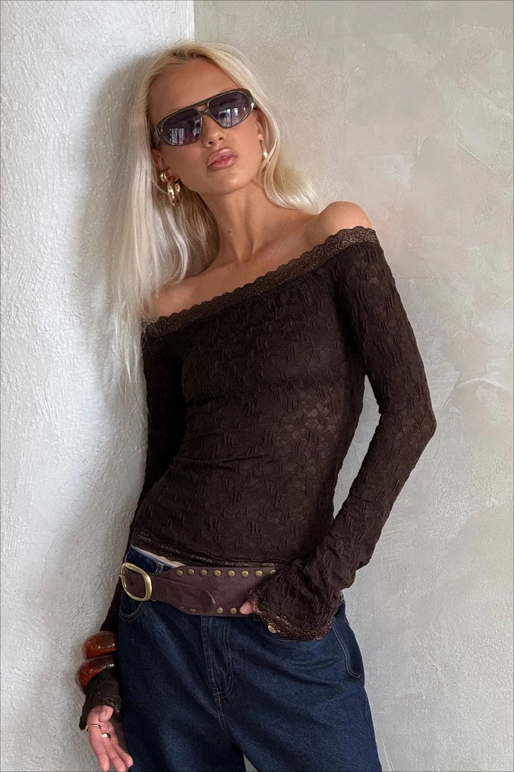 Sheer Lace Off-Shoulder Long Sleeve Crop Top