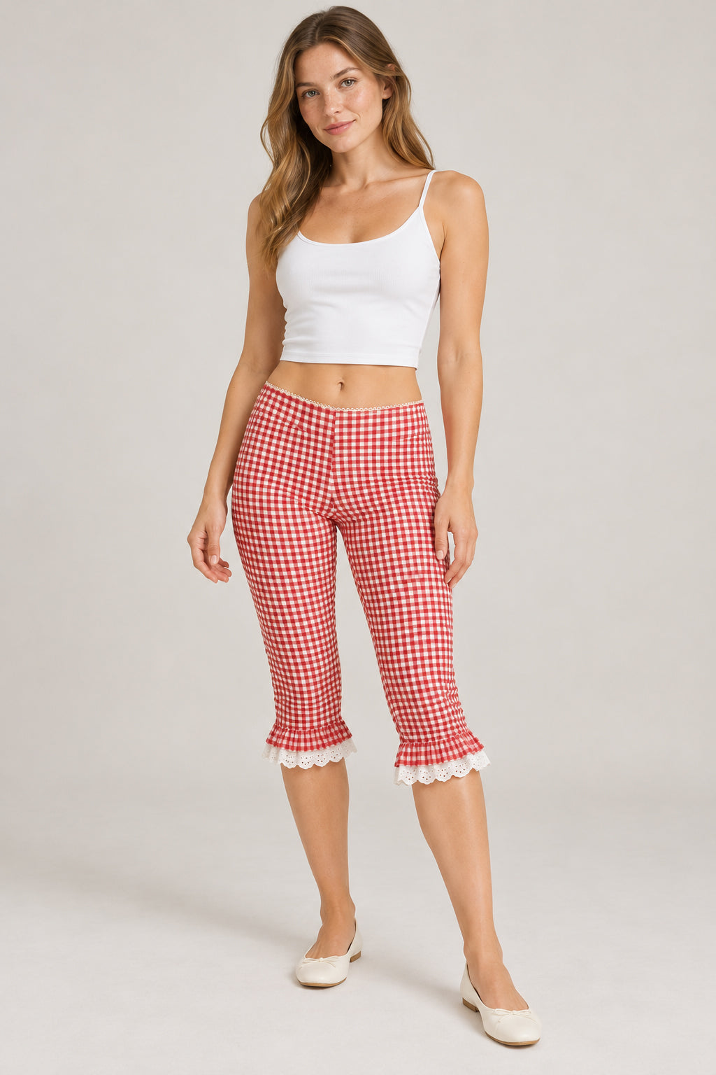 Plaid Lace Ruffle Cropped Skinny Pants