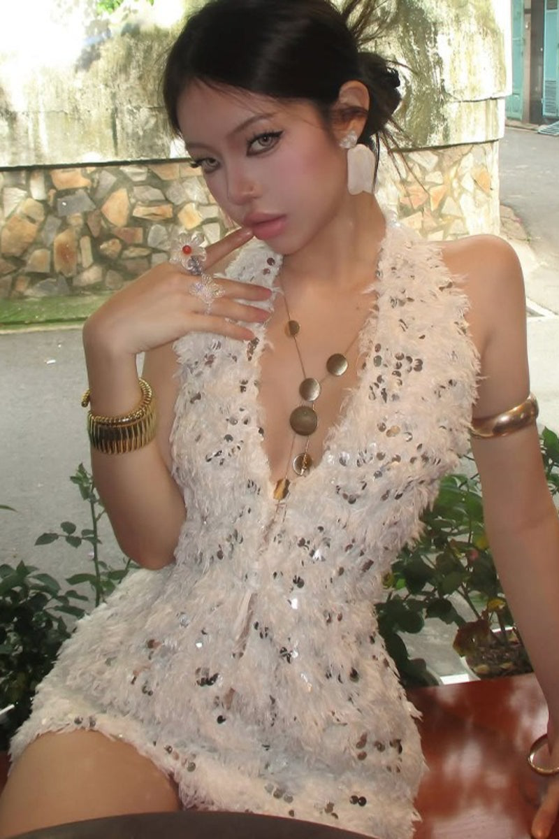Deep V Halter Backless Faux Fur Sequin Graduation Party Dress Main image