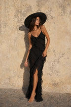 Chiffon Ruffle Open Back Split Slim Slip Dress