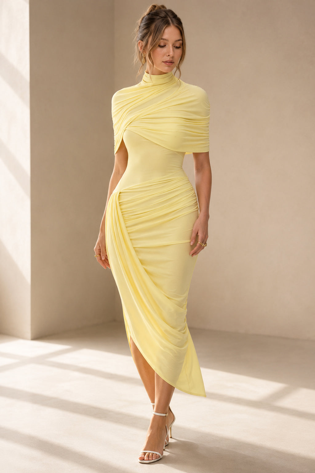 Ruched Turtleneck Midi Dress