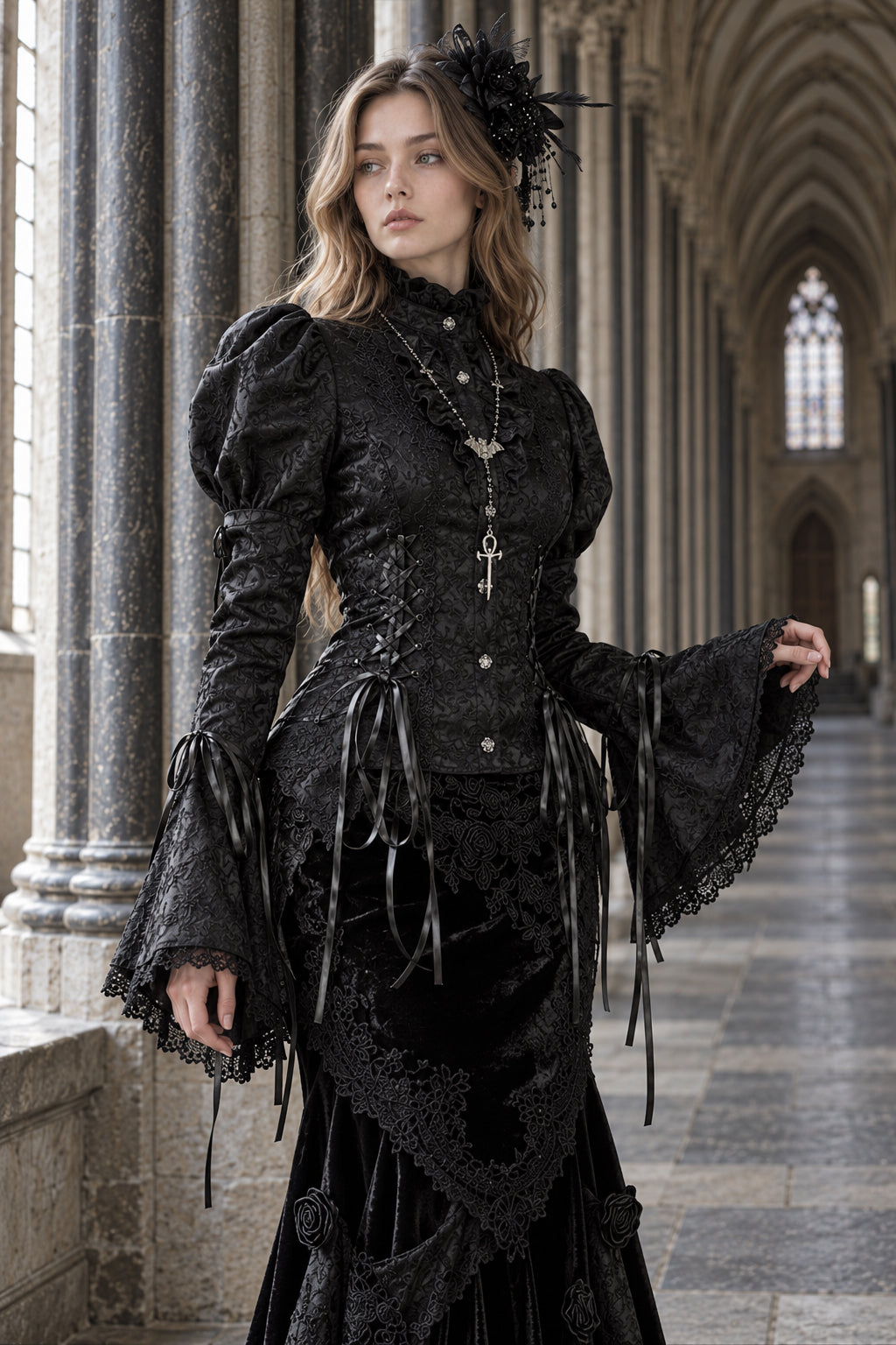 Gothic Bell Sleeve Fitted Blouse
