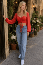ALLUKASA Sexy Mesh Lantern Sleeve Crop Top