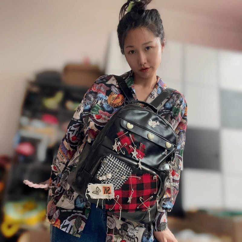 Y2K Harajuku Punk Gothic PU Leather Large Capacity Star Patch School Bag Main image