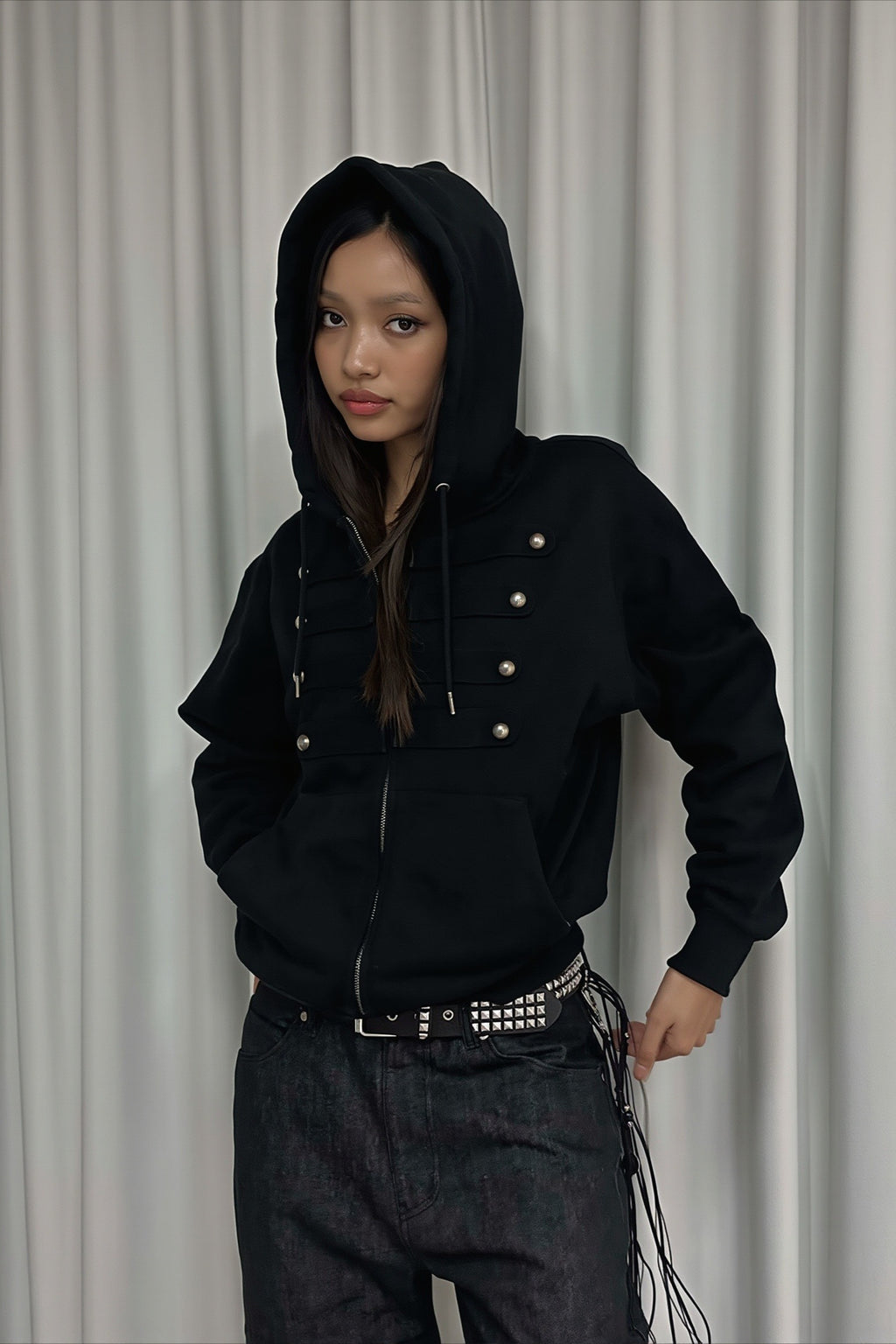 Button Trim Pocket Front Zip Hoodie