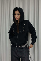 Button Trim Pocket Front Zip Hoodie