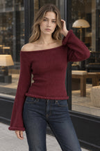 Solid Off Shoulder Rolled Edge Loose Knit Sweater
