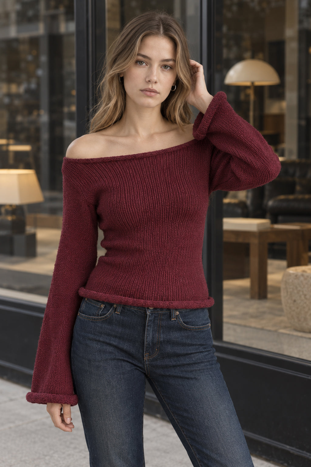 Solid Off Shoulder Rolled Edge Loose Knit Sweater