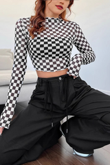 Checkerboard Mesh Mock Neck Slim Long Sleeve Crop Top