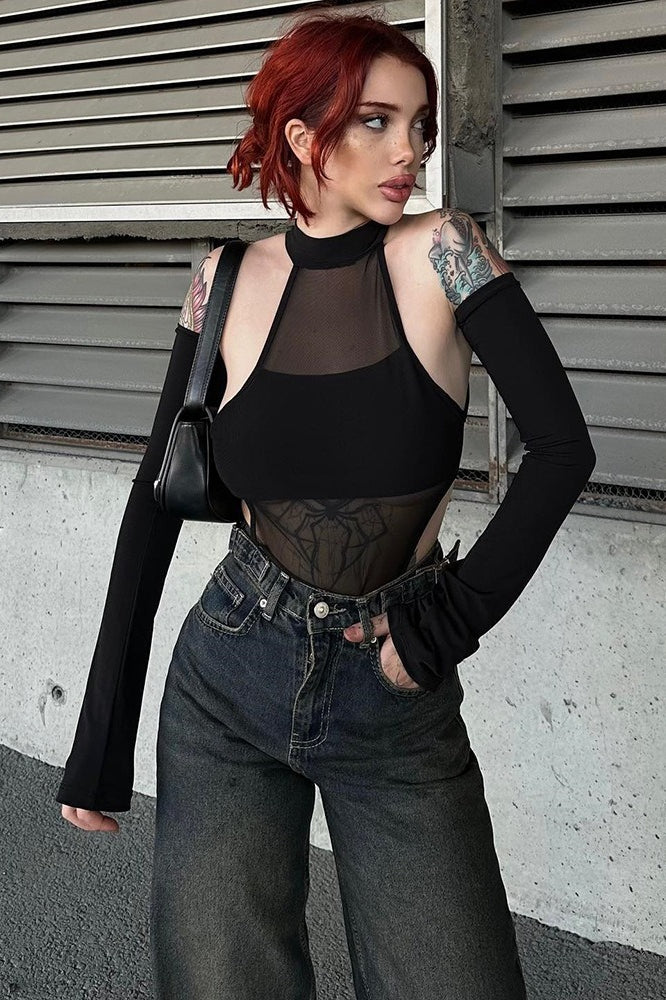 Mesh Cutout Stretch Long Sleeve  Bodysuit Secondary image
