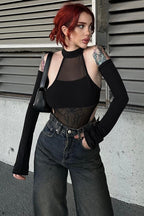 Mesh Cutout Stretch Long Sleeve  Bodysuit