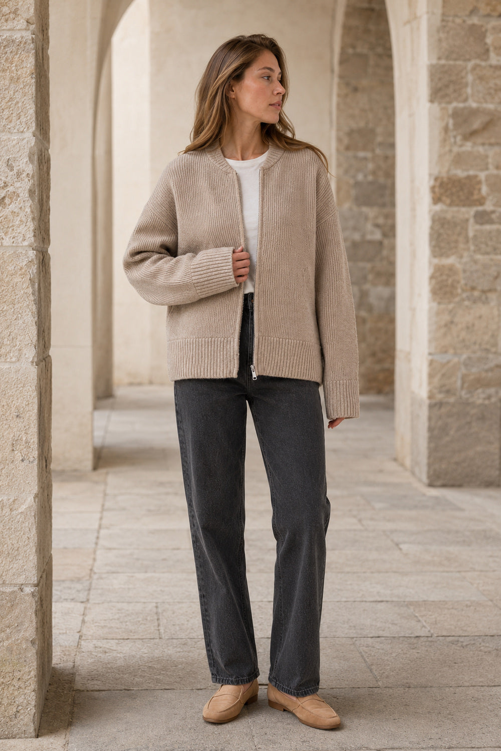 Pleated Knit O Neck Zipper Cardigan