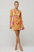 Floral Print Cutout Tie Front Long Sleeve Mini Dress