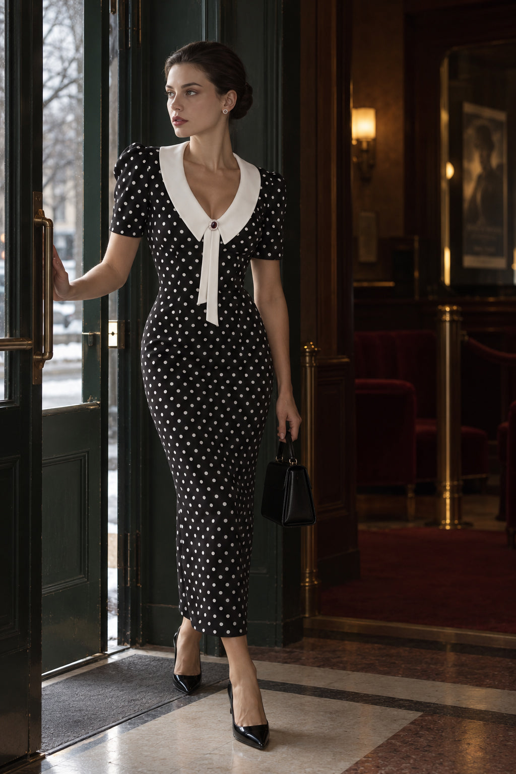 Retro Lapel Slim Polka Dot Maxi Dress