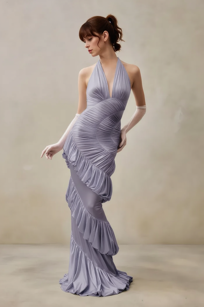 Elegant Solid V Neck Halter Backless Fitted Ruched Party Dress Main image