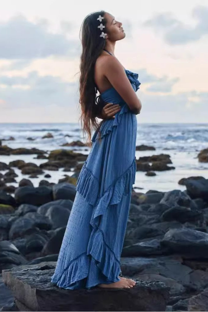Solid Color V Neck Backless Strappy  Boho Dress Secondary image
