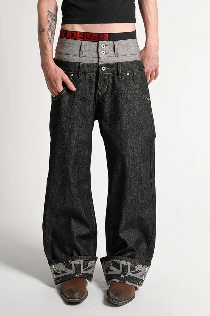 Double Waist Raw Denim Baggy Jeans