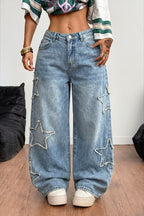 Star Patch High Rise Wide Leg Jeans