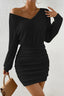 Ribbed V Neck Long Sleeve Ruched Mini Dress