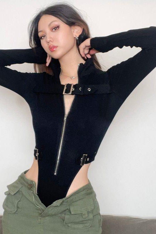 Techwear Metal Buckle Zipper High Waist Split Bodysuit Secondary image