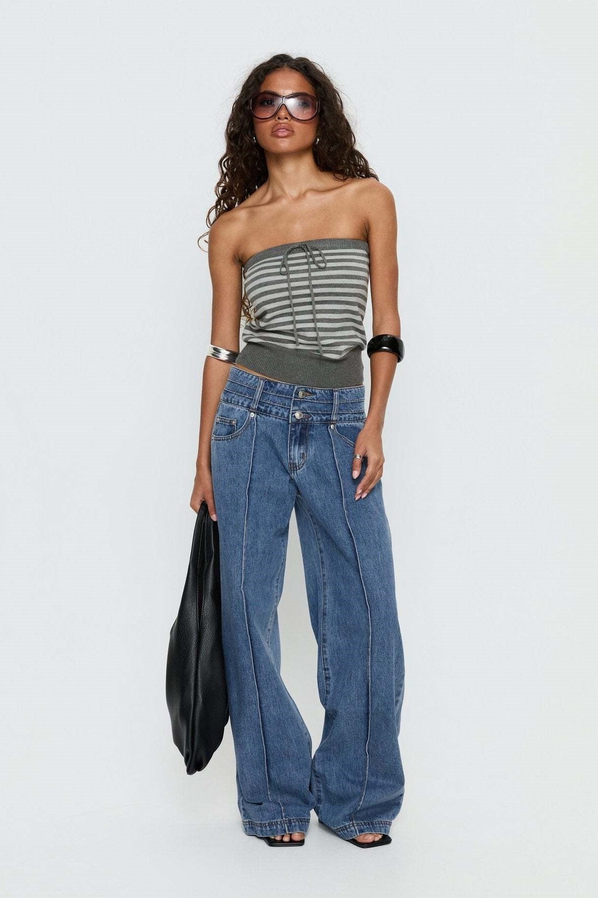 Striped Lace Up Strapless Knit Crop Top Secondary image